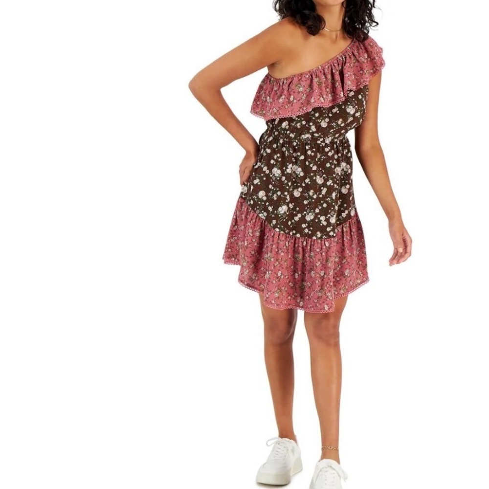 Bar III Floral Mini Dress One Shoulder Ruffle Trim Brown Pink Size XLarge NEW